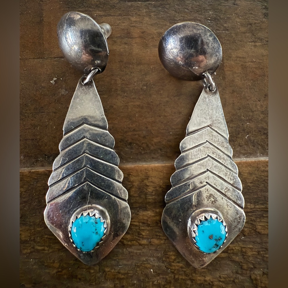Vintage Native Southwestern Sterling Silver and Turquoise Drop Post Earrings